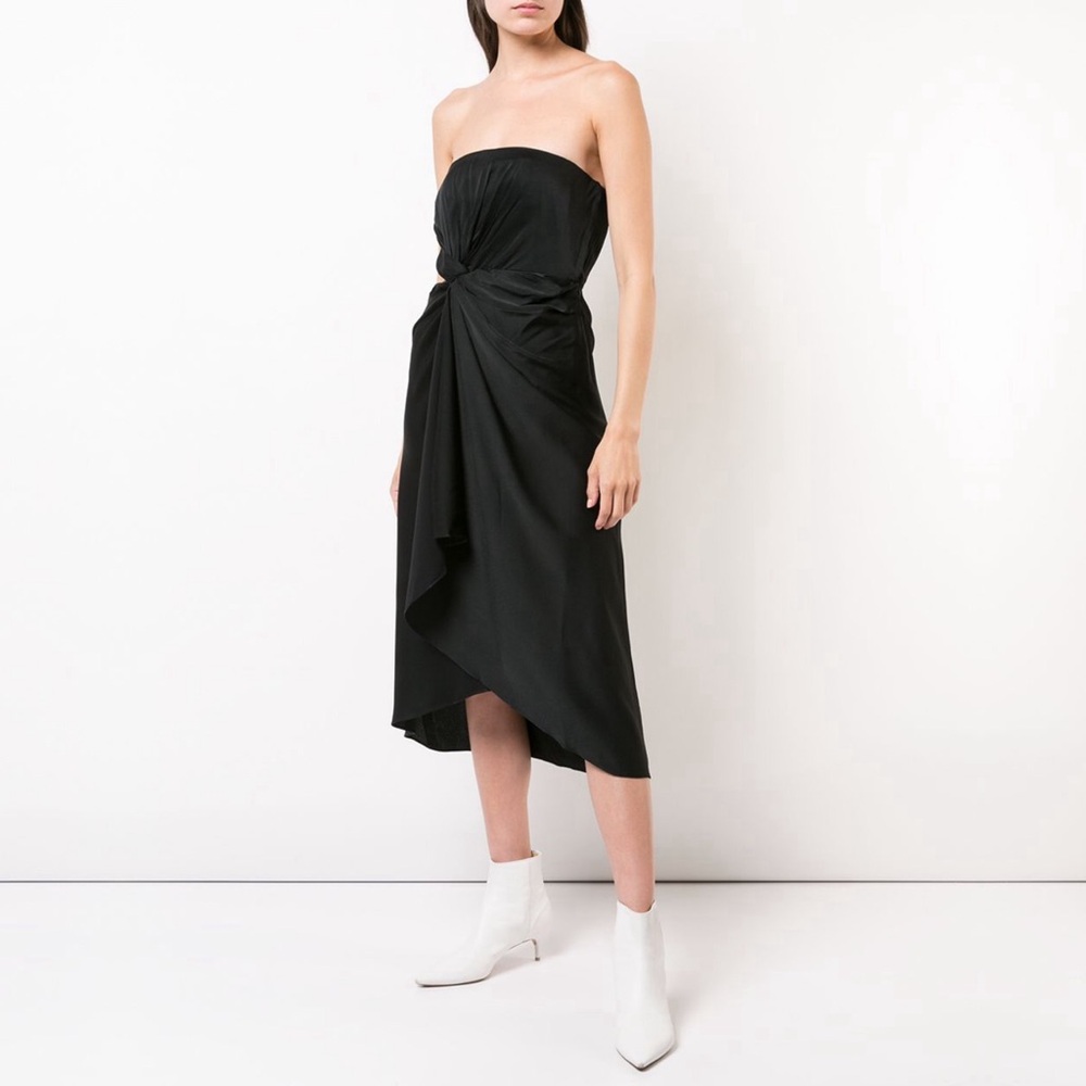 a.l.c. roya strapless satin twist front draped midi dress in black, size 4